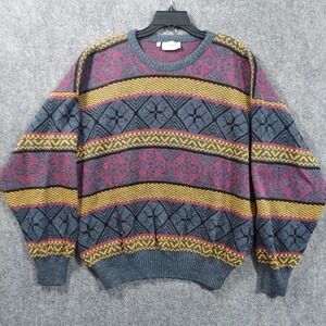 Vintage Torriani Sweater Mens XL Blue Multicolor Geometric Crewneck Pullover